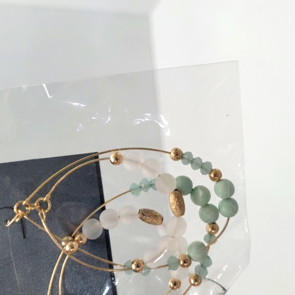 Gold & Green Minimalist Earrings with Gold Tone Beads